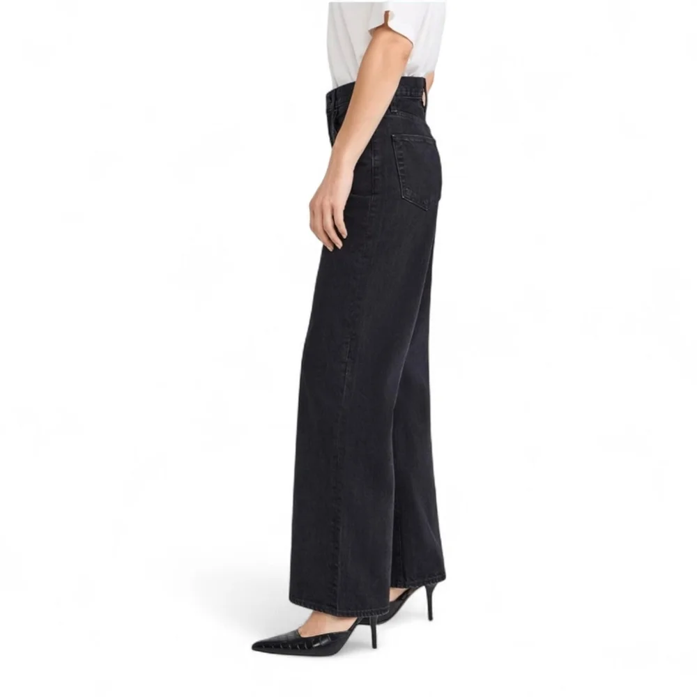 SLVRLAKE Wide Leg Raw Hem High Rise Grace Jeans Washed Black Shadow Ridge Sz 28
